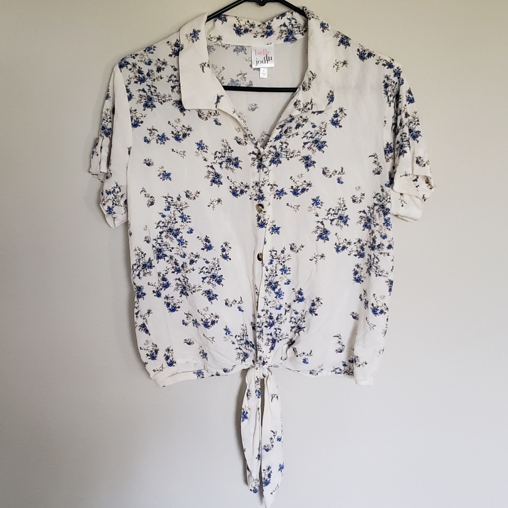 White loose tie-front button down